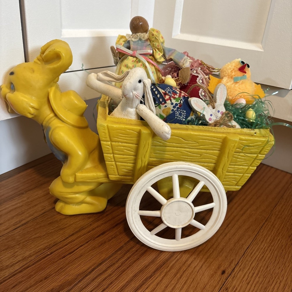 Rare Vintage Blow Mold Easter Bunny Cart With Vintage Easter Decor - Picture 2 of 7